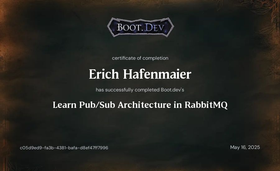 Erich Hafenmaier's Boot.dev Learn Pub/Sub in RabbitMQ and Go certificate