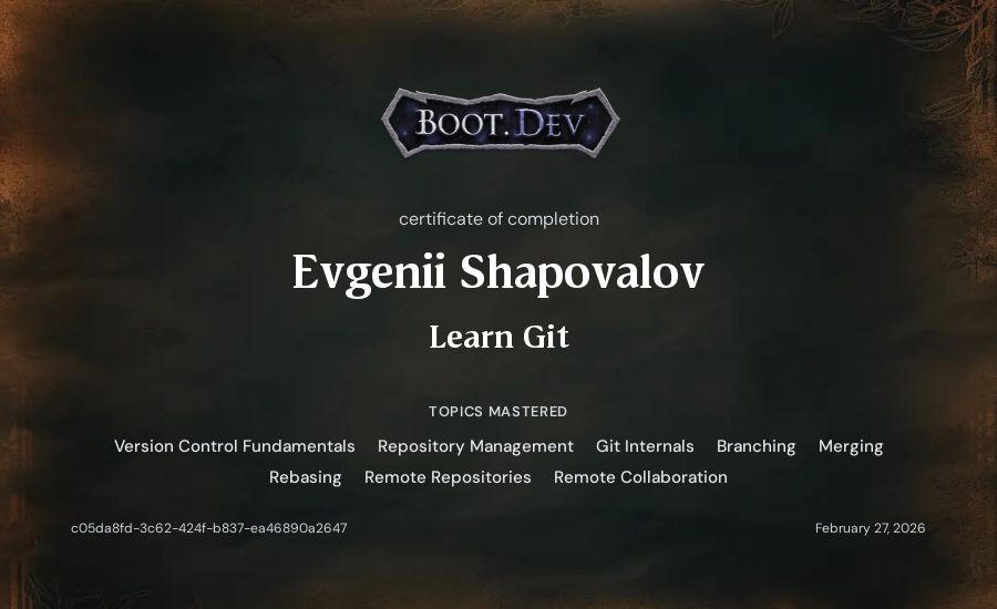 Evgenii Shapovalov's Boot.dev Learn Git certificate