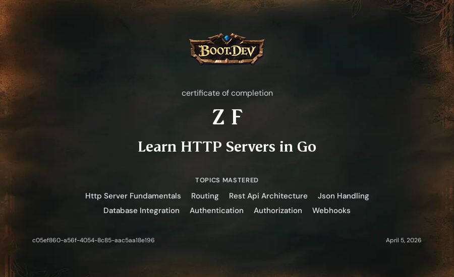 Zeke F's Boot.dev Learn HTTP Servers in Go certificate