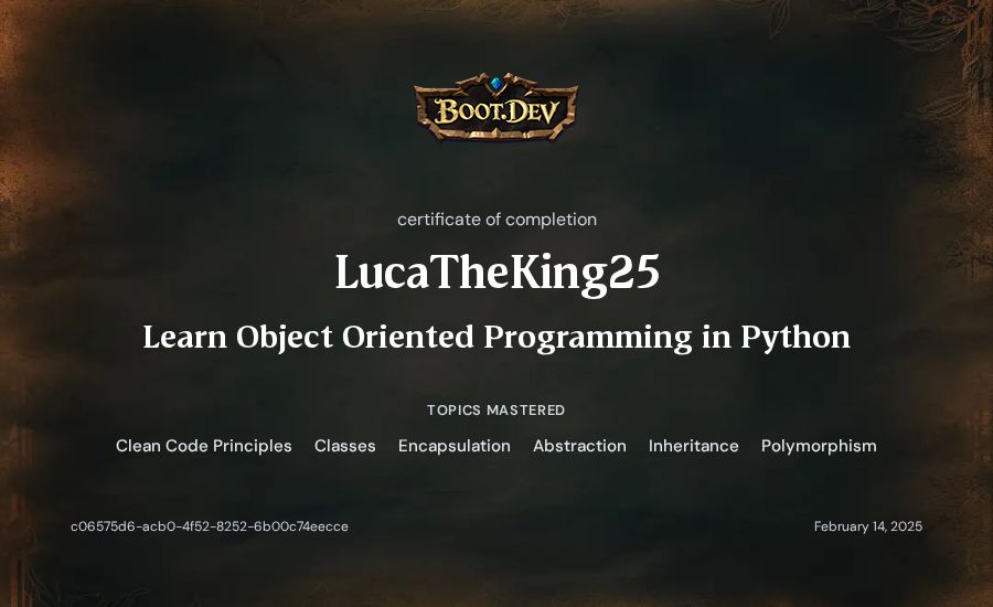 LucaTheKing25's Boot.dev Learn Object Oriented Programming in Python certificate