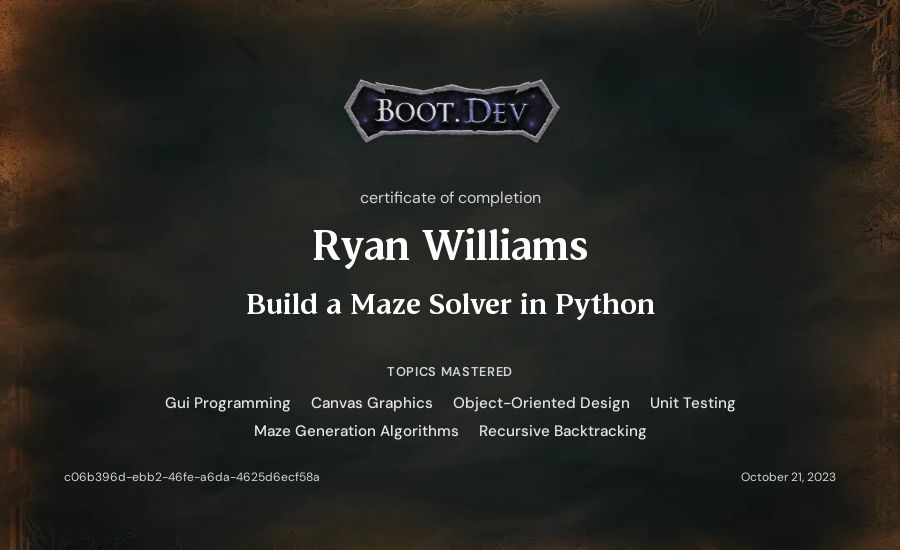 Ryan Williams's Boot.dev Build a Maze Solver in Python certificate