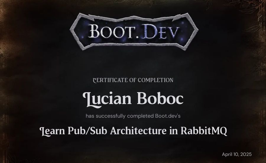Lucian Boboc's Boot.dev Learn Pub/Sub in RabbitMQ and Go certificate