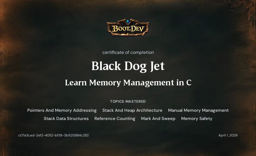 Black Dog Jet's Boot.dev Learn Memory Management in C certificate