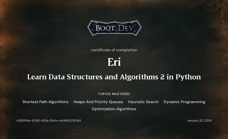 Eri's Boot.dev Learn Data Structures and Algorithms 2 in Python certificate