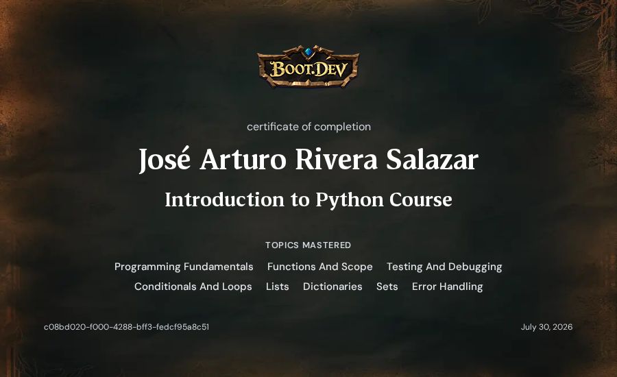 Arturo Rivera's Boot.dev Introduction to Python Course certificate