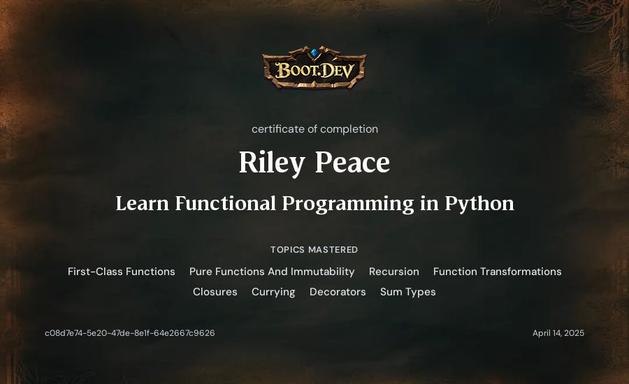 Riley Peace's Boot.dev Learn Functional Programming in Python certificate