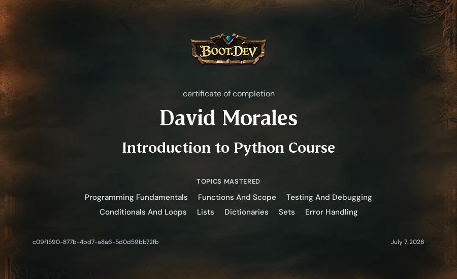 David Morales's Boot.dev Introduction to Python Course certificate