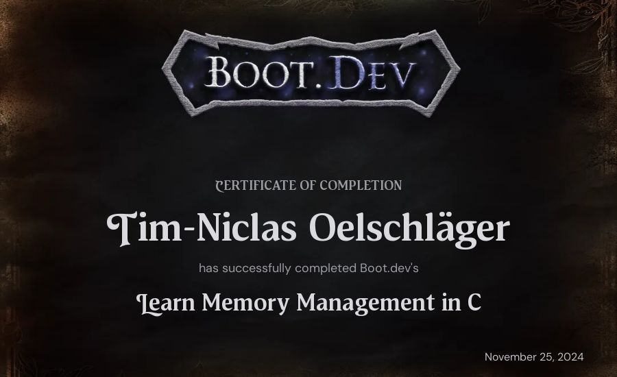 Tim-Niclas Oelschläger's Boot.dev Learn Memory Management in C certificate