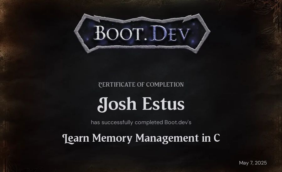 Josh Estus's Boot.dev Learn Memory Management in C certificate