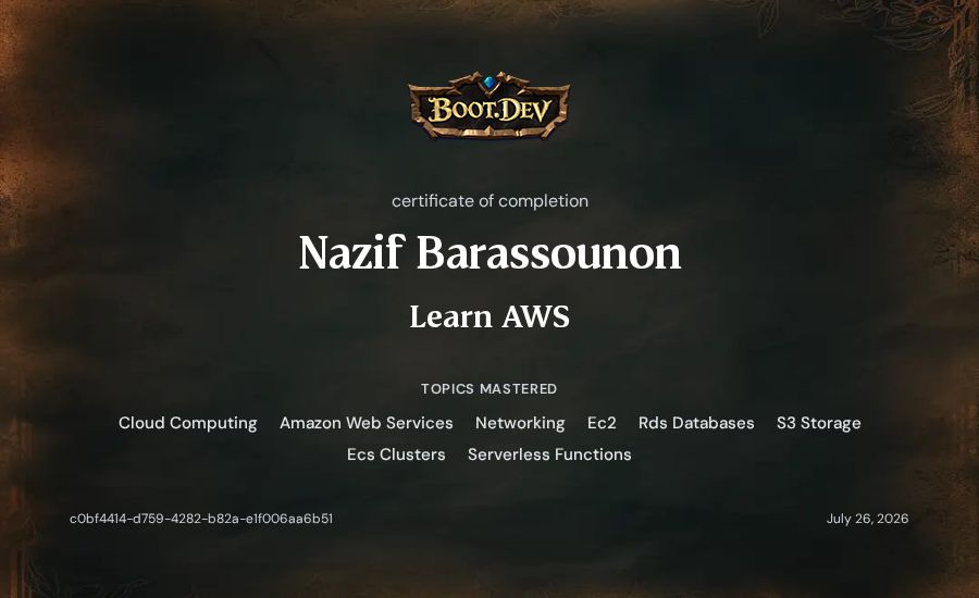 Nazif Barassounon's Boot.dev Learn AWS certificate