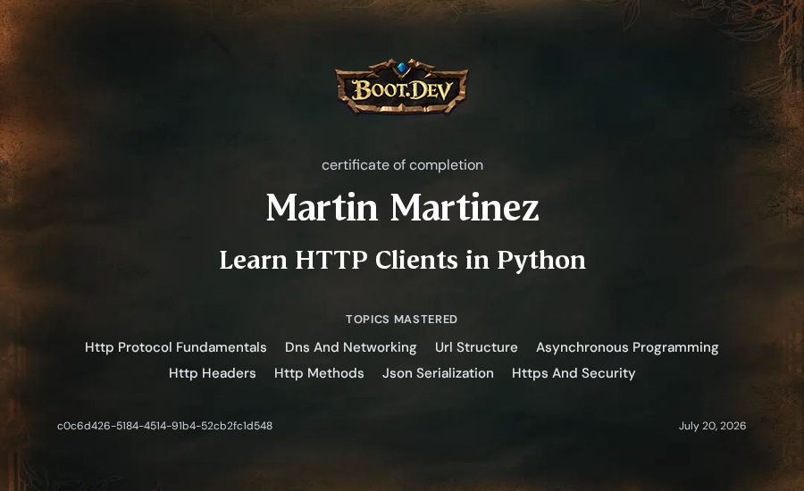 Martin Martinez's Boot.dev Learn HTTP Clients in Python certificate