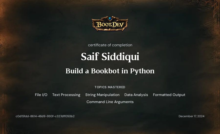 Saif Siddiqui's Boot.dev Build a BookBot in Python certificate