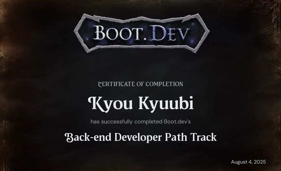 Kyou Kyuubi's Boot.dev Backend Developer Path certificate