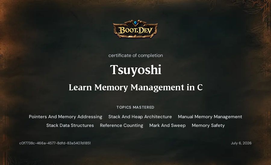 Tsuyoshi's Boot.dev Learn Memory Management in C certificate
