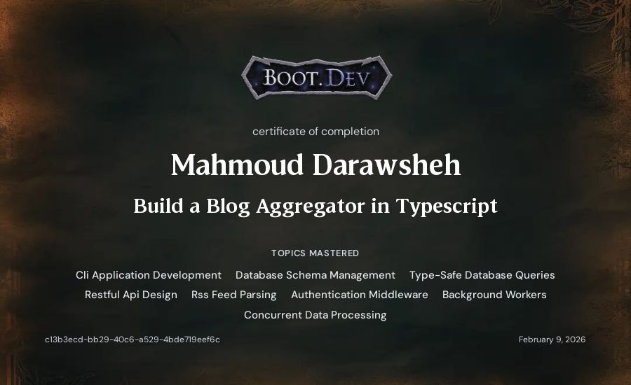 Mahmoud Darawsheh's Boot.dev Build a Blog Aggregator in TypeScript certificate