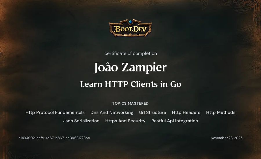 João Zampier's Boot.dev Learn HTTP Clients in Go certificate