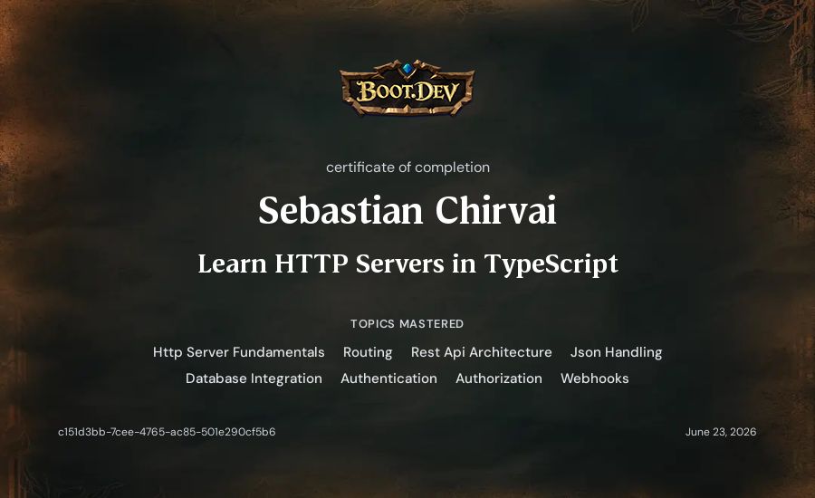 Sebastian Chirvai's Boot.dev Learn HTTP Servers in TypeScript certificate