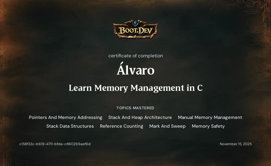 Álvaro's Boot.dev Learn Memory Management in C certificate