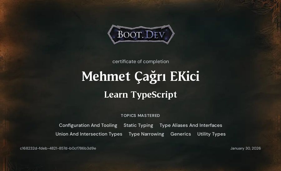 Mehmet Çağrı Ekici's Boot.dev Learn TypeScript certificate