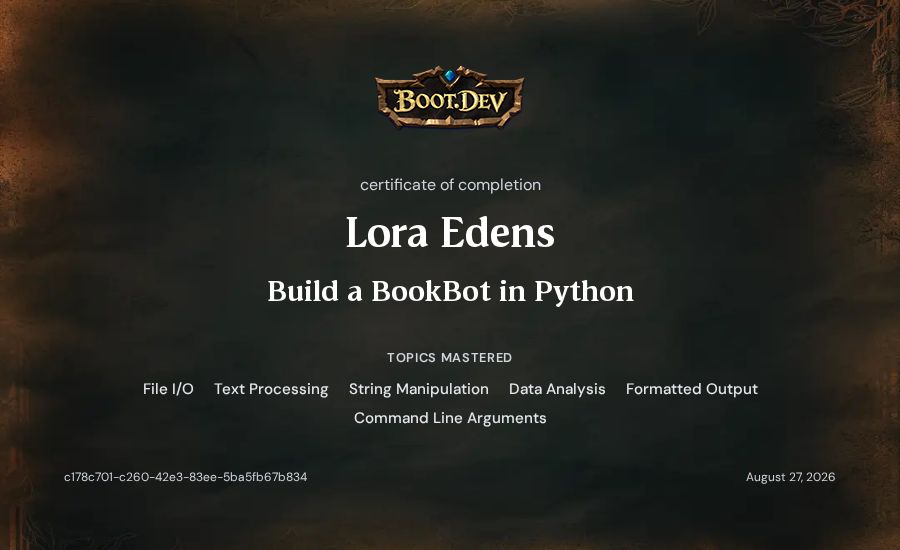 Lora Edens's Boot.dev Build a BookBot in Python certificate