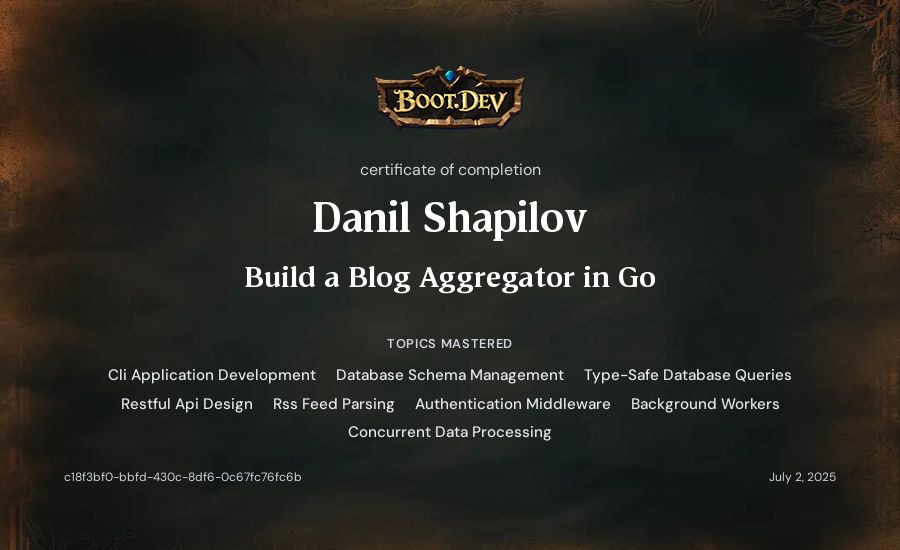 Danil Shapilov's Boot.dev Build a Blog Aggregator in Go certificate