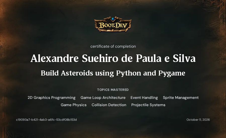 Alexandre  Suehiro de Paula e Silva's Boot.dev Build Asteroids using Python and Pygame certificate