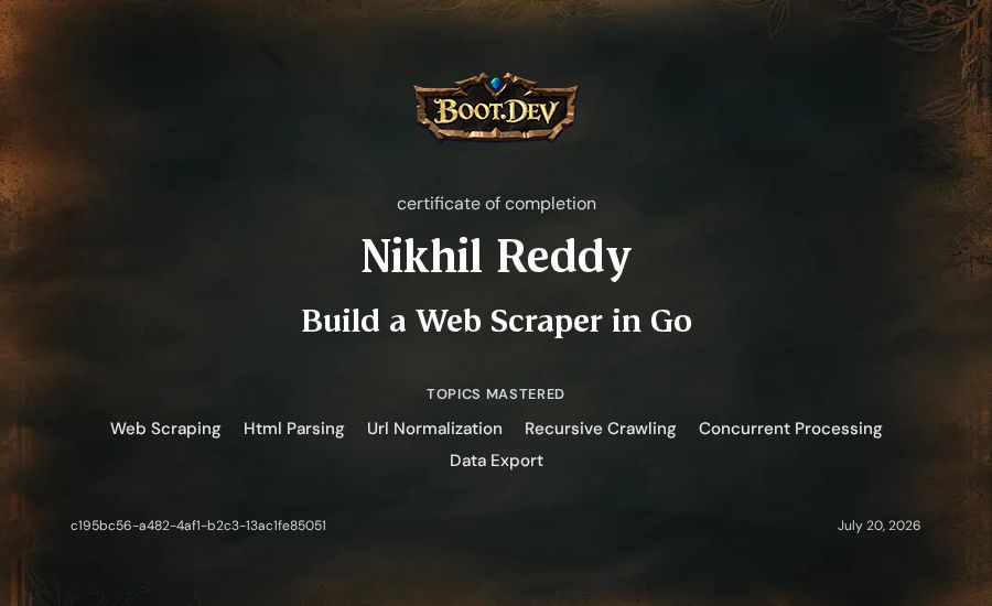 Nikhil Reddy's Boot.dev Build a Web Scraper in Go certificate
