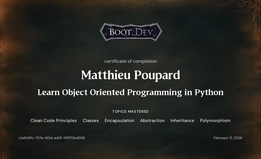 Matthieu Poupard's Boot.dev Learn Object Oriented Programming in Python certificate