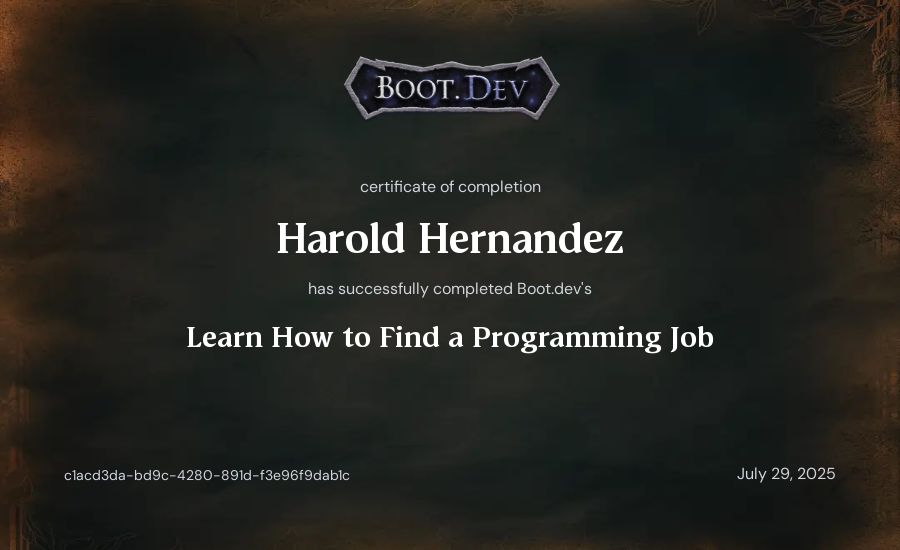 Harold Hernandez's Boot.dev Learn How to Find a Programming Job certificate