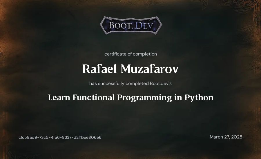 Rafael Muzafarov's Boot.dev Learn Functional Programming in Python certificate
