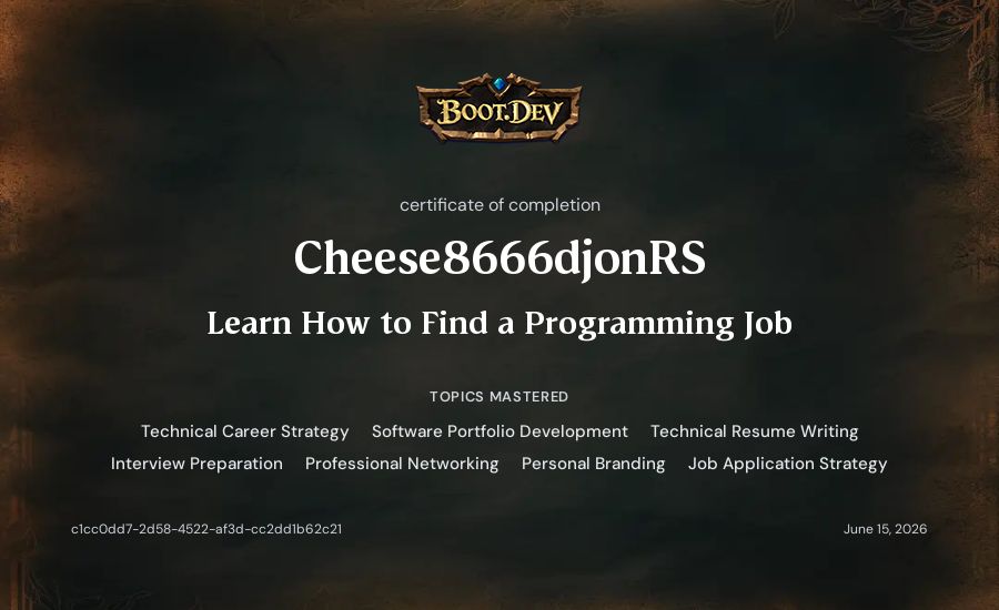 Cheese8666djonRS's Boot.dev Learn How to Find a Programming Job certificate