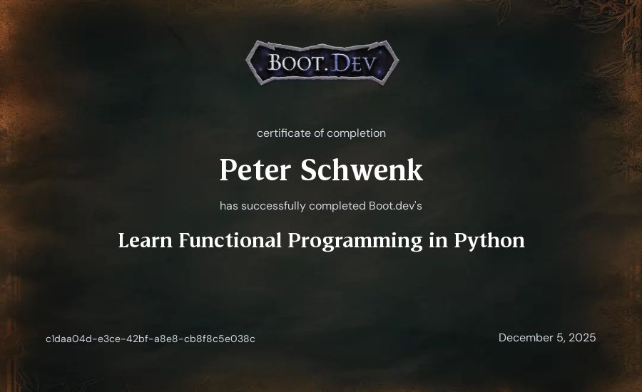 Peter Schwenk's Boot.dev Learn Functional Programming in Python certificate