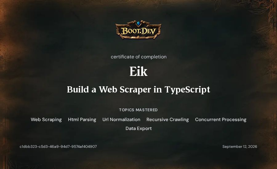 Eik's Boot.dev Build a Web Scraper in TypeScript certificate