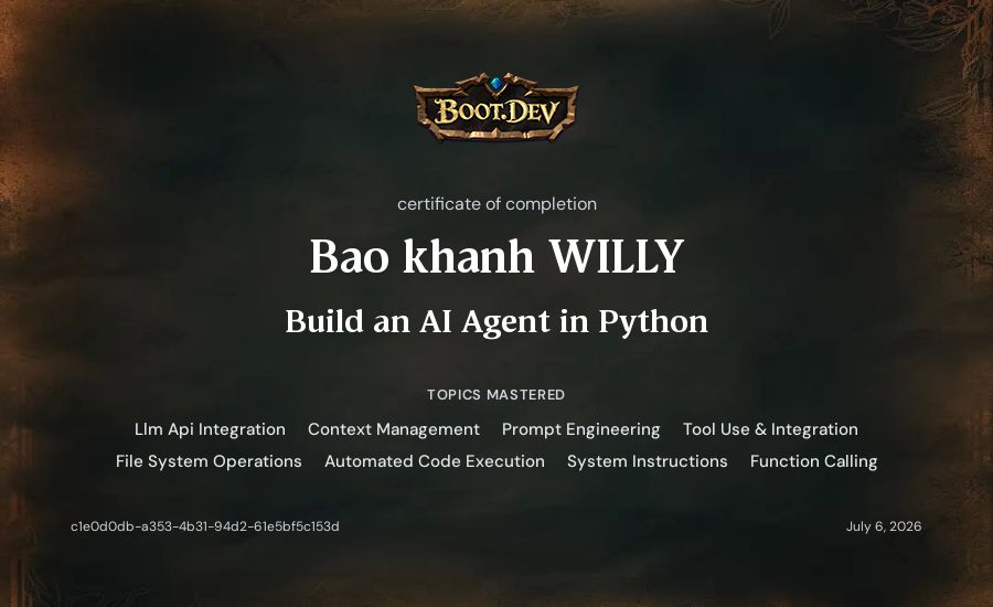 Bao Khanh's Boot.dev Build an AI Agent in Python certificate