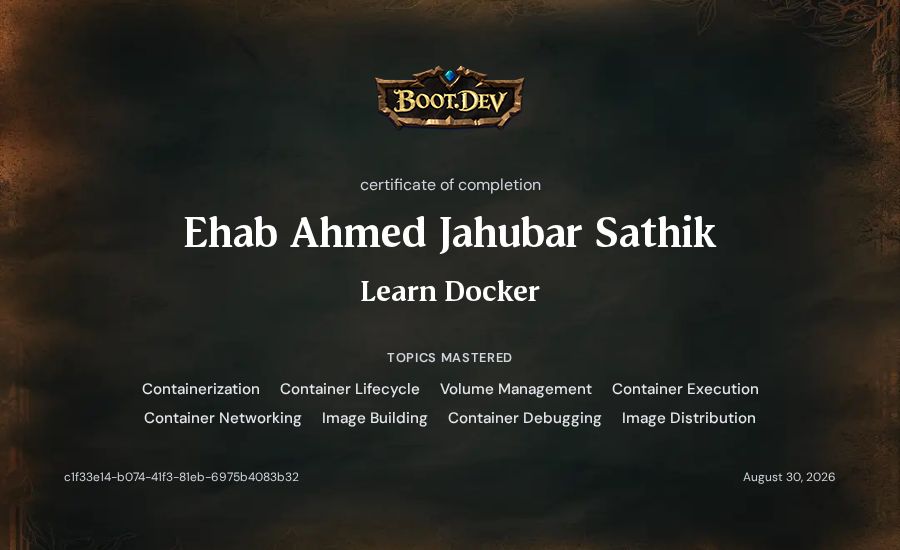 Ehab Ahmed Jahubar Sathik's Boot.dev Learn Docker certificate