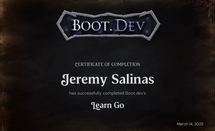 Jeremy Salinas's Boot.dev Learn Go certificate