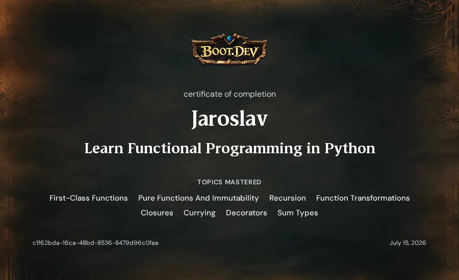 Jaroslav's Boot.dev Learn Functional Programming in Python certificate