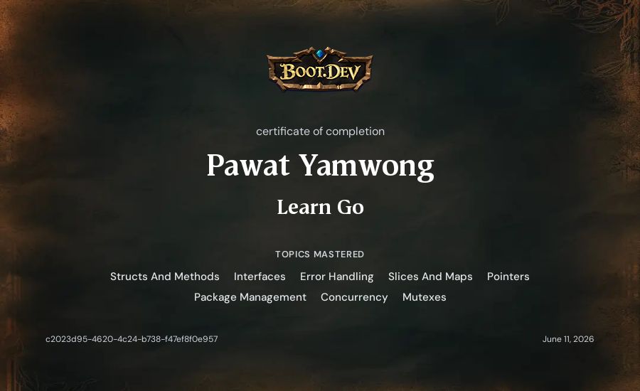 Pawat Yamwong's Boot.dev Learn Go certificate