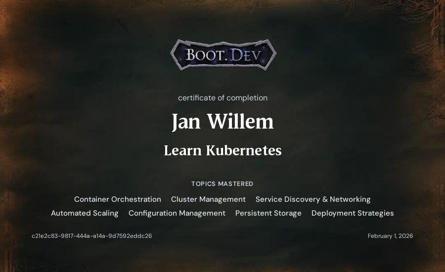 Jan Willem's Boot.dev Learn Kubernetes certificate