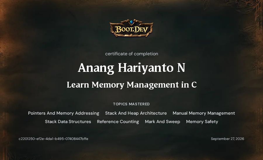 Anang Hariyanto N's Boot.dev Learn Memory Management in C certificate