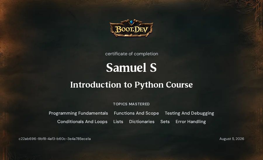 Samuel S's Boot.dev Introduction to Python Course certificate