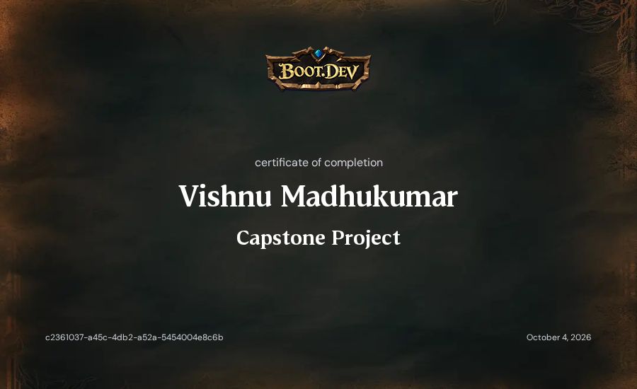 Vishnu Madhukumar's Boot.dev Capstone Project certificate