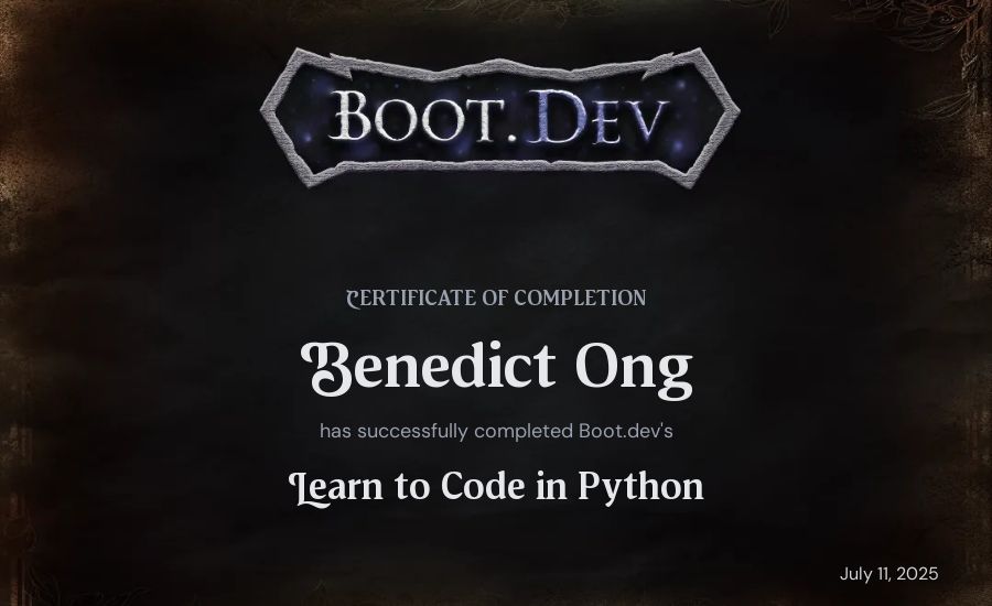 Benedict Ong's Boot.dev Introduction to Python Course certificate