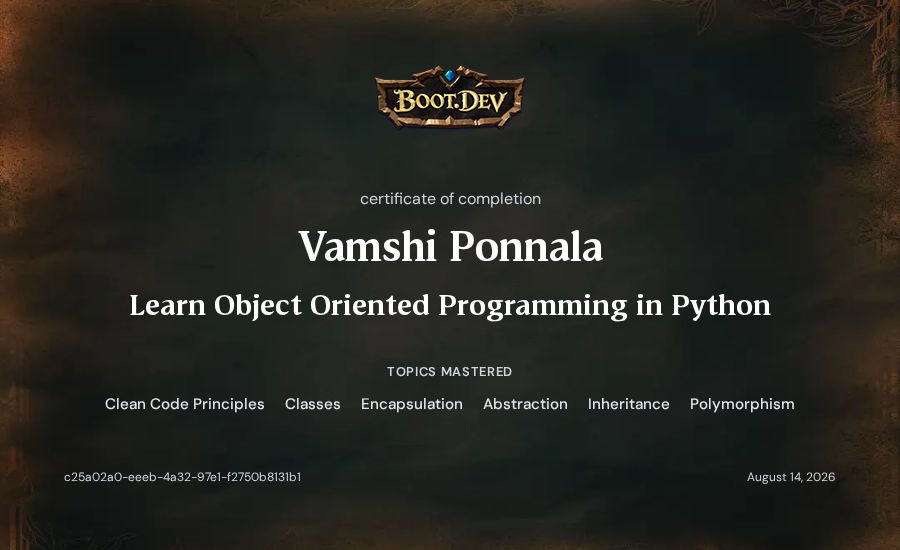 Vamshi Ponnala's Boot.dev Learn Object Oriented Programming in Python certificate