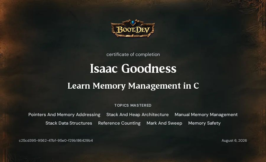 Isaac Goodness's Boot.dev Learn Memory Management in C certificate