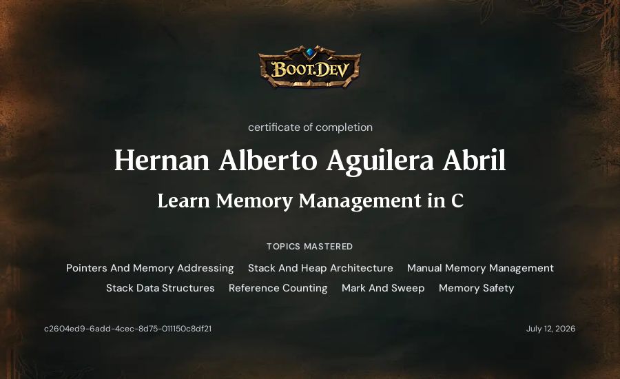 Hernan Alberto Aguilera Abril's Boot.dev Learn Memory Management in C certificate