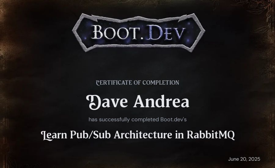Dave Andrea's Boot.dev Learn Pub/Sub in RabbitMQ and Go certificate