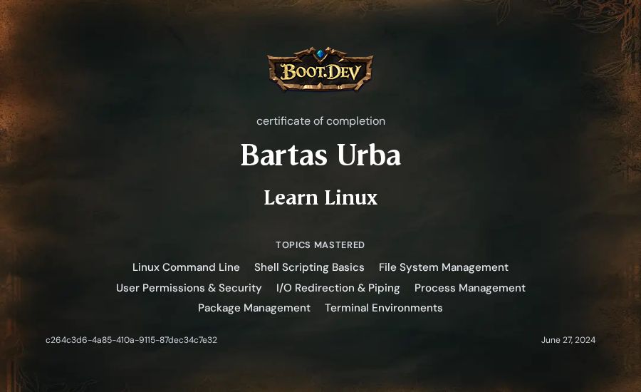 Bartas Urba's Boot.dev Learn Linux certificate