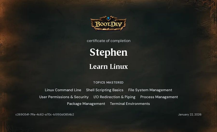 Stephen's Boot.dev Learn Linux certificate