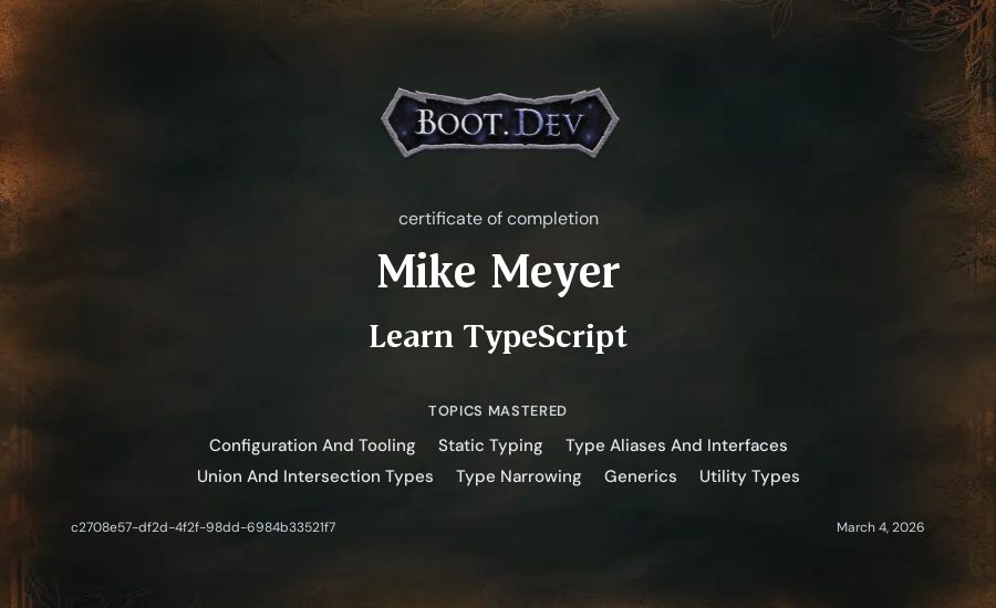Mike Meyer's Boot.dev Learn TypeScript certificate